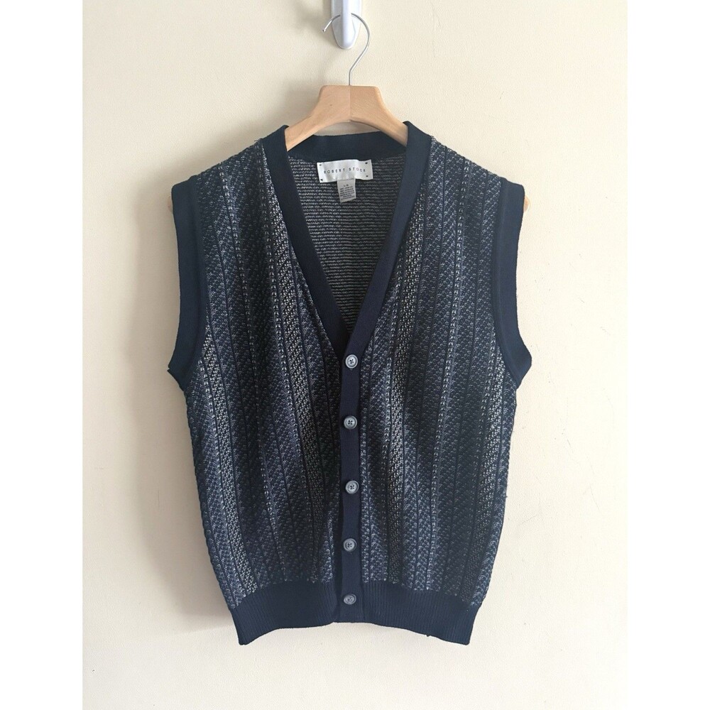 VINTAGE Robert Stock Cardigan Mens L Brown Blue Striped Acrylic Grandpa Vest